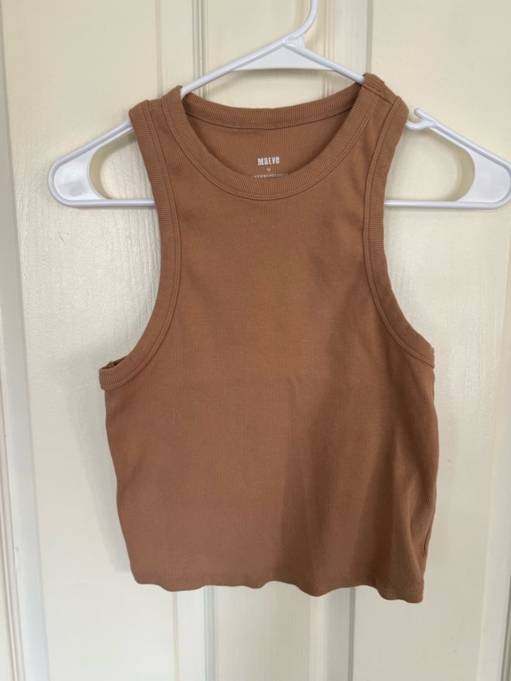 Maeve Anthropologie Ribbed Tank Top Brown Cropped High Neck Racerback Large
